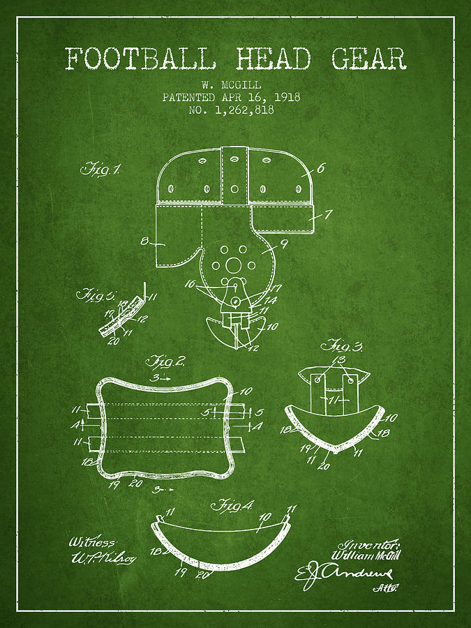 1918 Football Head Gear Patent - Green Digital Art