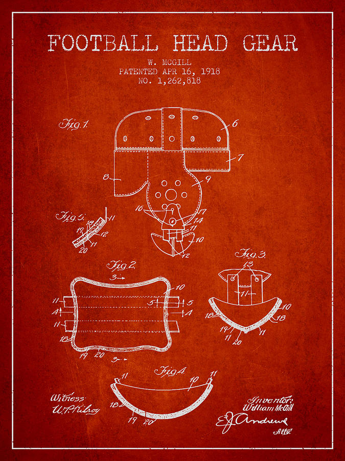 1918 Football Head Gear Patent - Red Digital Art