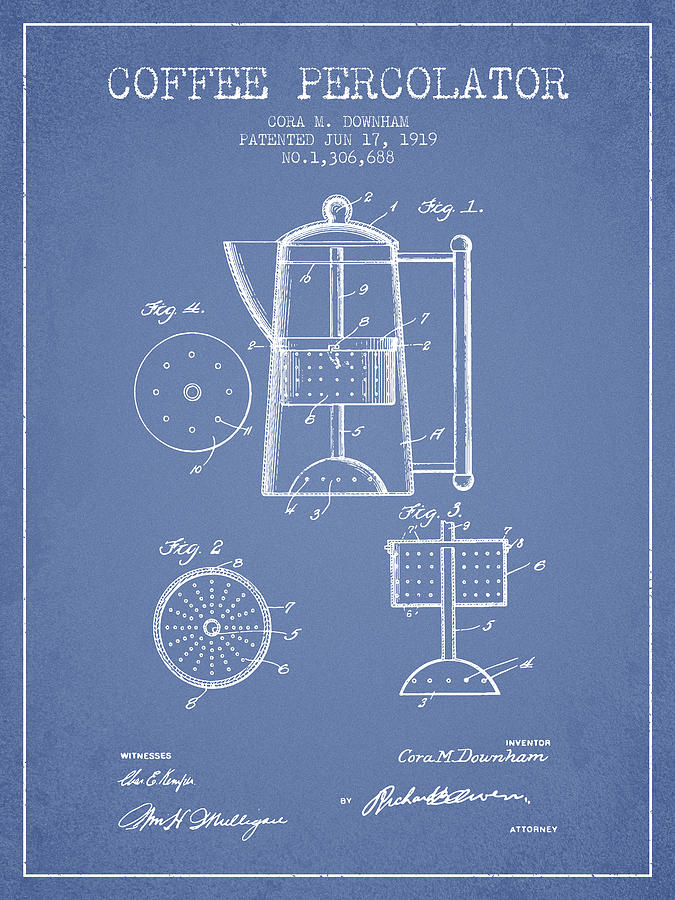 Coffee Digital Art - 1919 Coffee Percolator patent - light blue by Aged Pixel