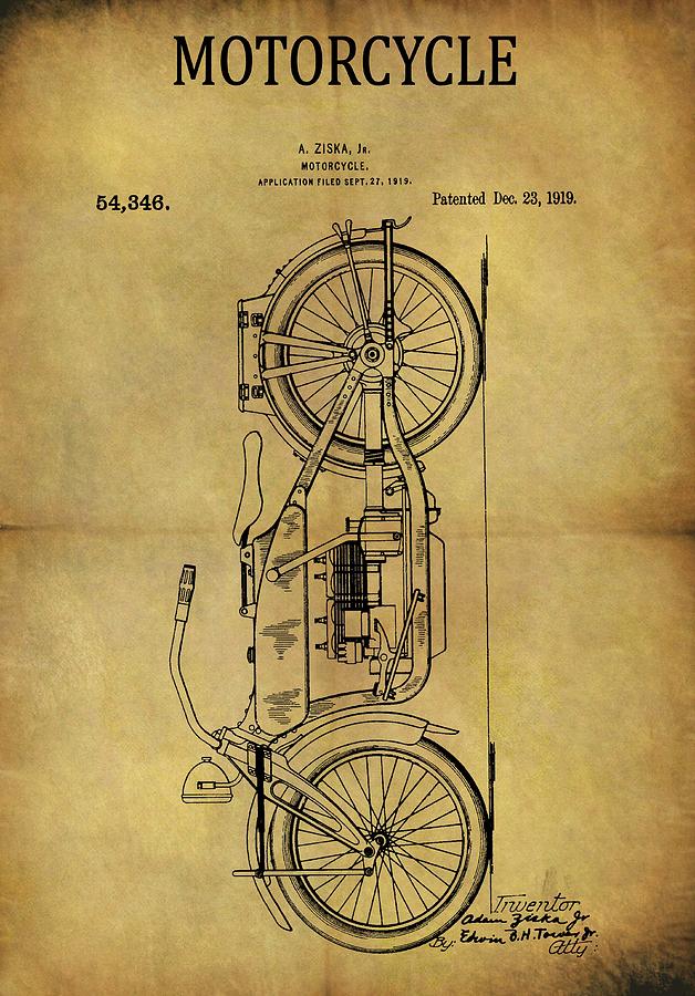 1919 Motorcycle Patent Drawing by Dan Sproul