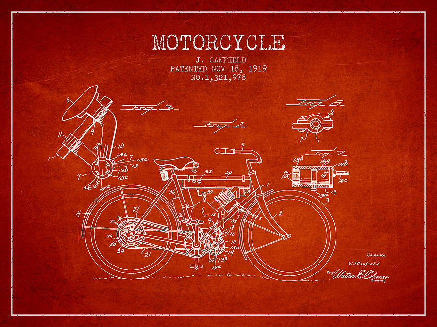 1919 Motorcycle Patent - Red Digital Art