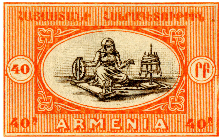 1920 Armenian Woman Spinning Stamp Painting by Historic Image