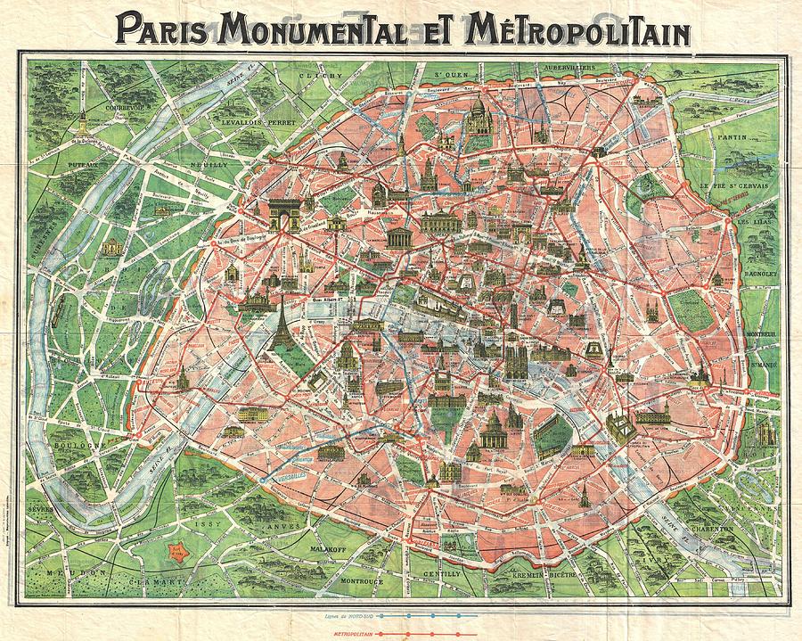1920 Art Nouveau Monument Map of Paris France  Photograph by Paul Fearn