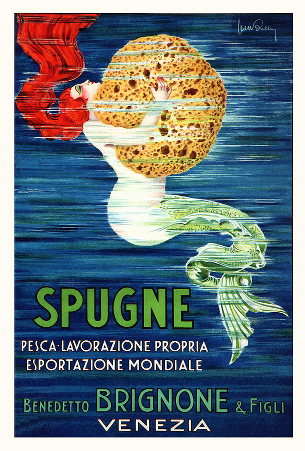 Mermaid Painting - 1920 ITALY Mermaid With Sponge Advertising Poster by Retro Graphics