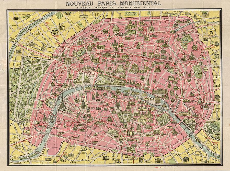 1920 Leconte Pocket Map of Paris France  with Eiffel Tower and Metro Photograph by Paul Fearn