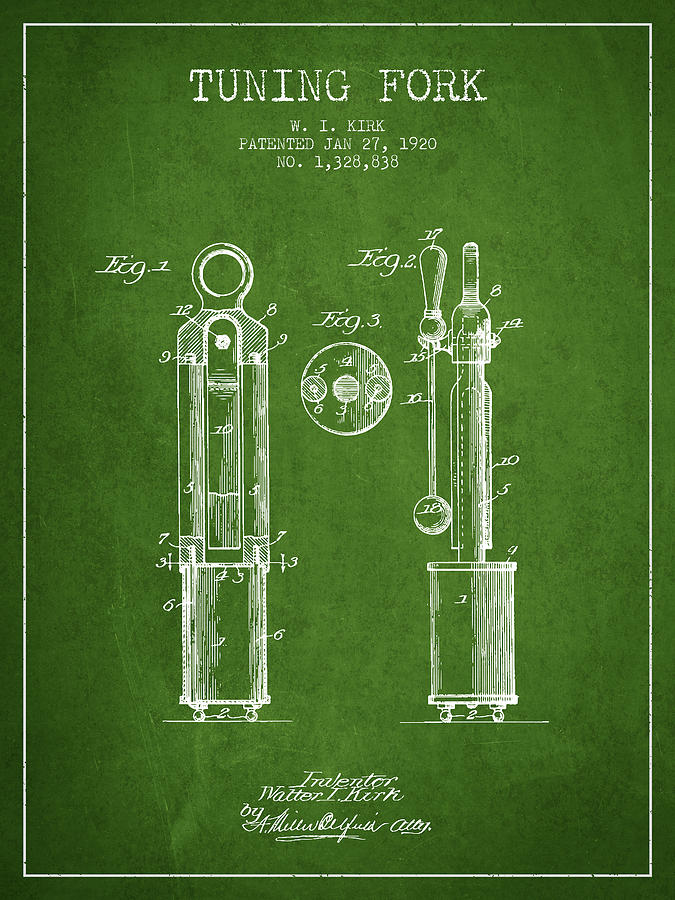 Musician Digital Art - 1920 Tuning Fork Patent - Green by Aged Pixel