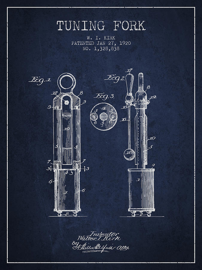 Musician Digital Art - 1920 Tuning Fork Patent - Navy Blue by Aged Pixel