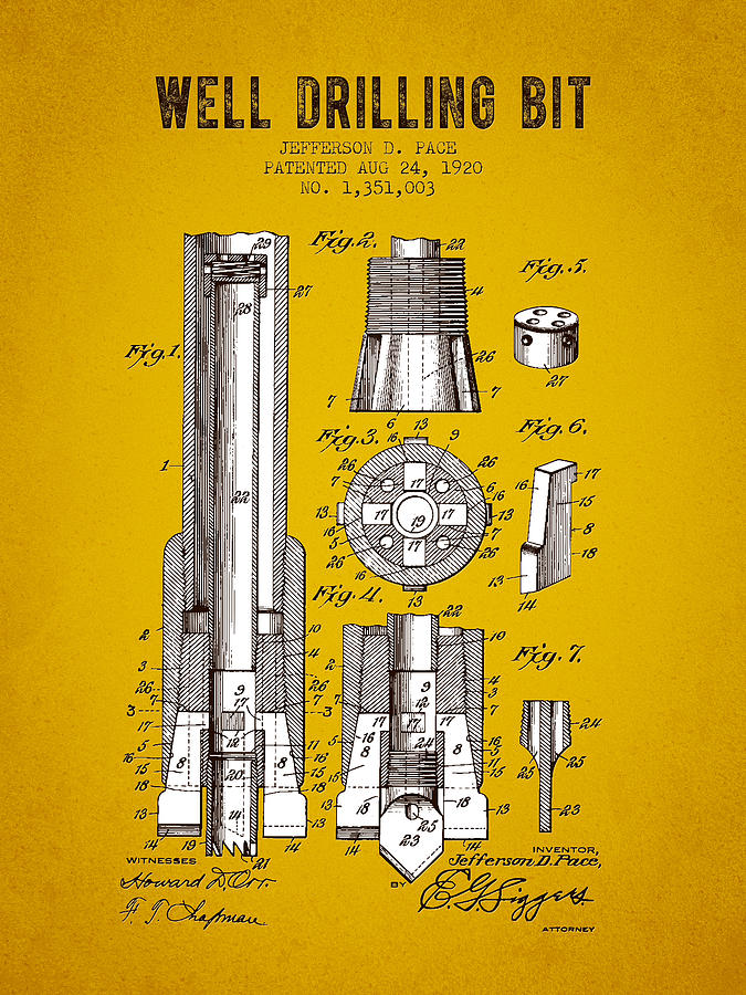 1920 Well Drilling Bit Patent - Yellow Brown Digital Art