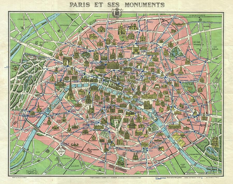 1920s Leconte Map of Paris wMonuments and Map of Versailles  Photograph by Paul Fearn