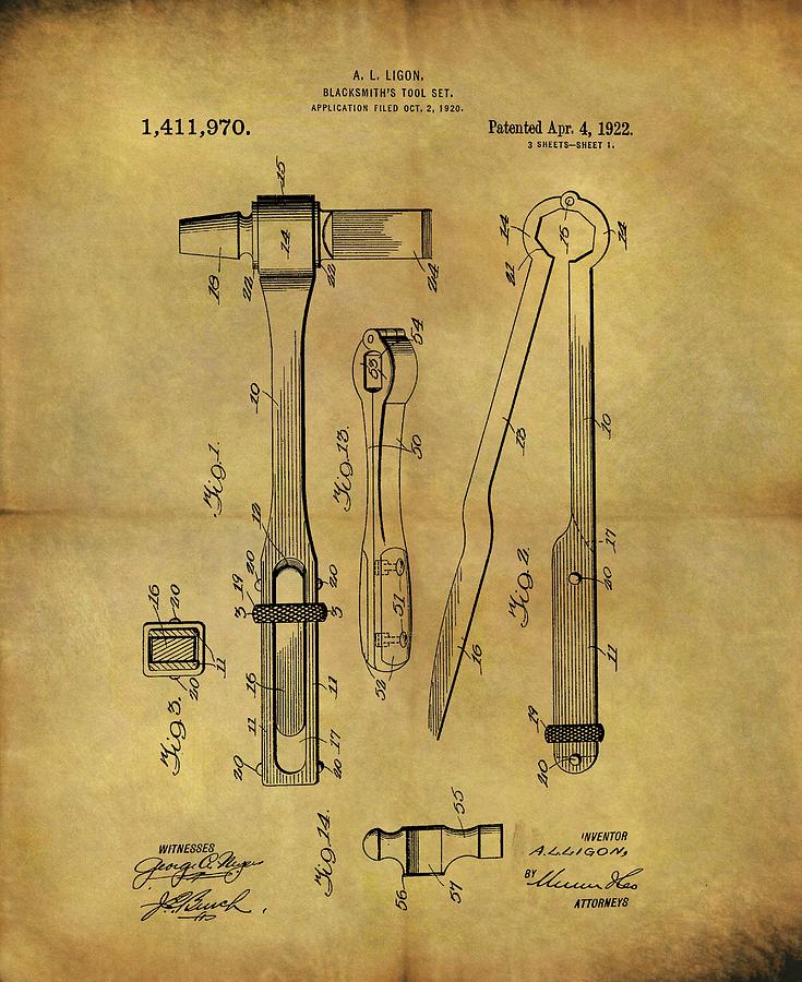 1922 Blacksmith Tools Patent Drawing by Dan Sproul