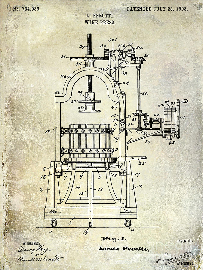 1922 Wine Press Patent Photograph by Jon Neidert