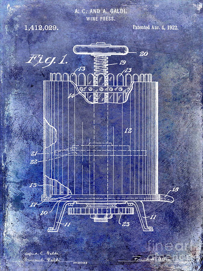 1922 Wine Press Patent Blue Photograph by Jon Neidert
