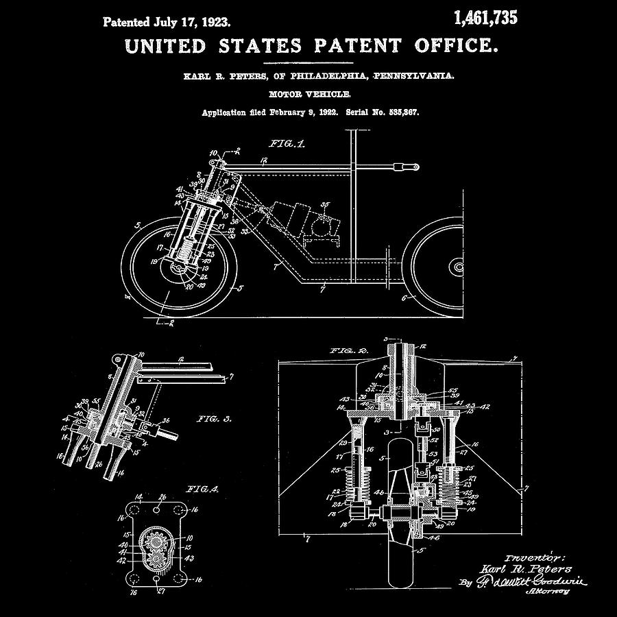 1923 Motorcycle Patent in Black Photograph by Bill Cannon