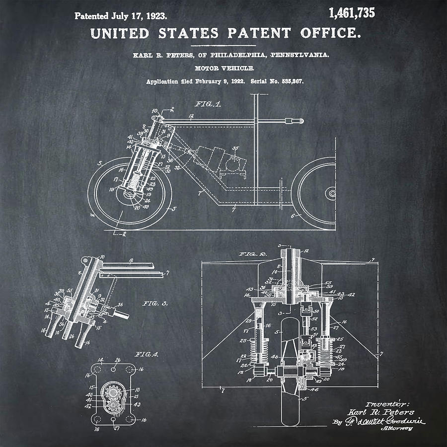1923 Motorcycle Patent in Chalk Photograph by Bill Cannon