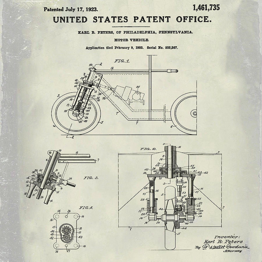 1923 Motorcycle Patent in Weathered Photograph by Bill Cannon