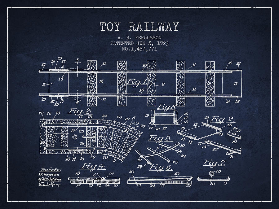 Train Digital Art - 1923 Toy Railway Patent - Navy Blue by Aged Pixel