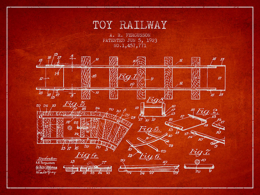 Train Digital Art - 1923 Toy Railway Patent - Red by Aged Pixel