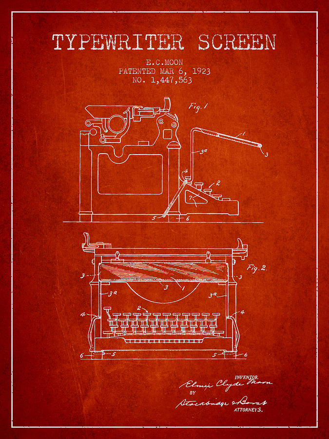 Vintage Digital Art - 1923 Typewriter Screen patent - Red by Aged Pixel