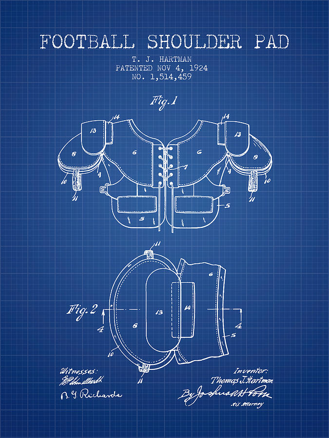 1924 Football Shoulder Pad Patent - Blueprint Digital Art