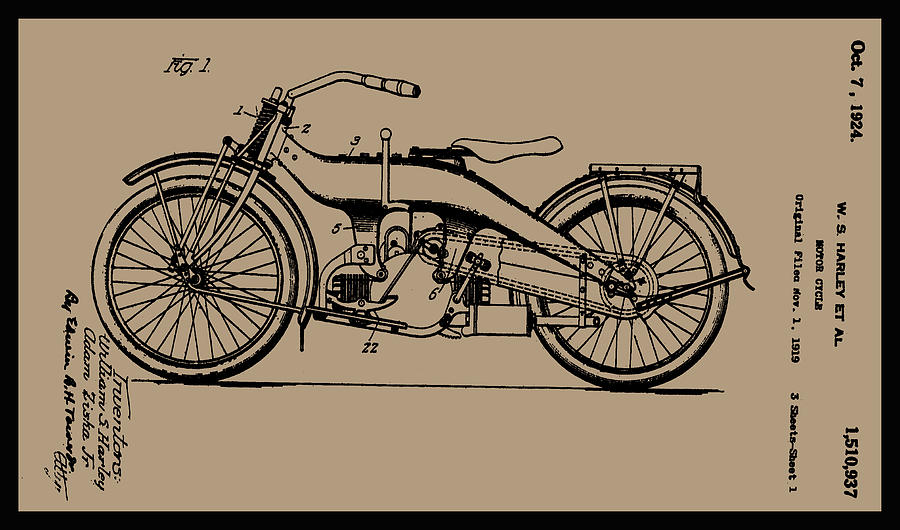 1924 Motorcycle Patent Drawing Painting by W S Harley