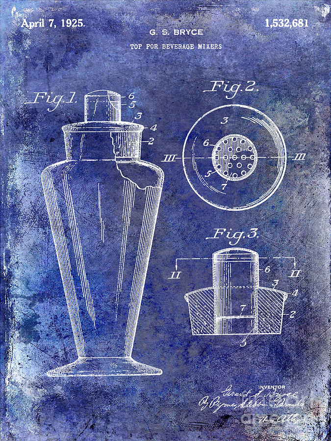 1925 Cocktail Shaker Patent Blue Photograph by Jon Neidert