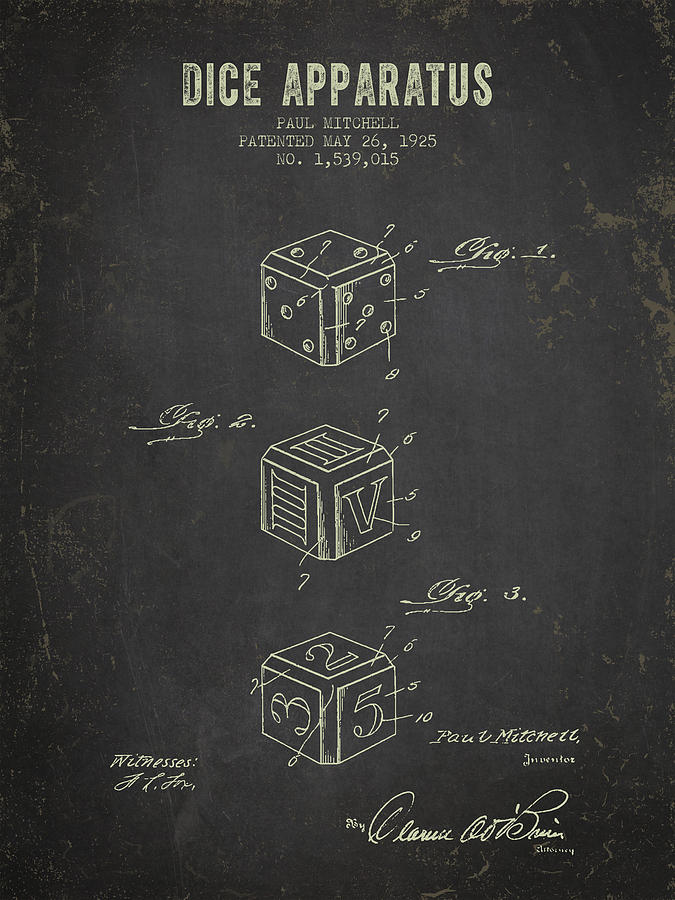 Dice Digital Art - 1925 Dice Apparatus Patent - Dark Grunge by Aged Pixel