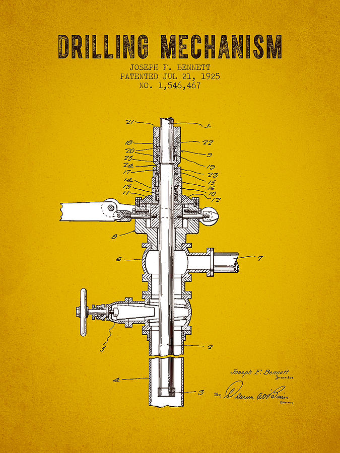 1925 Drilling Mechanism Patent - Yellow Brown Digital Art