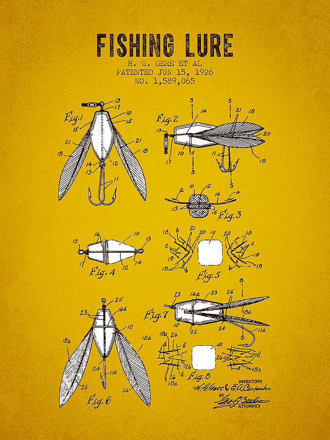 Salmon Digital Art - 1926 Fishing Lure Patent - Yellow Brown by Aged Pixel