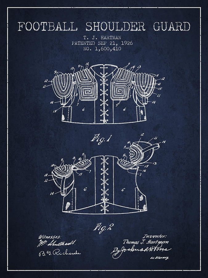 1926 Football Shoulder Guard Patent - Navy Blue Digital Art