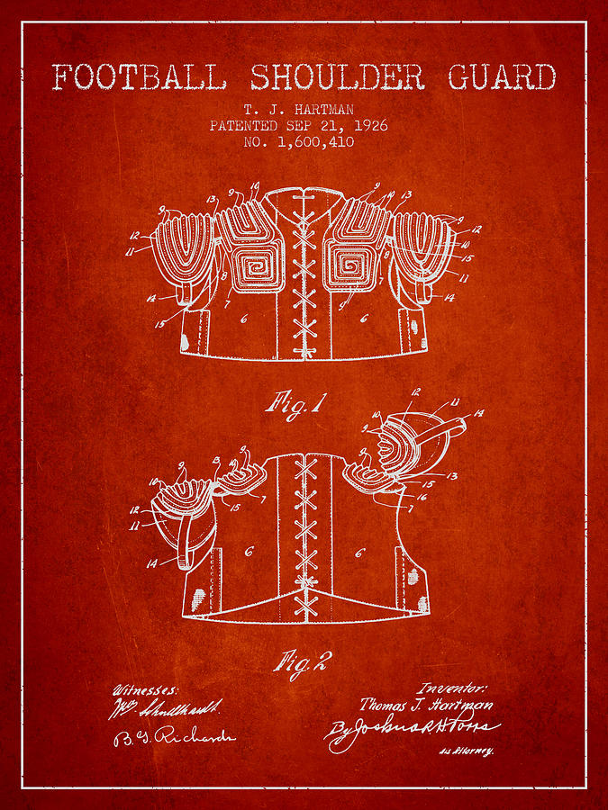 1926 Football Shoulder Guard Patent - Red Digital Art
