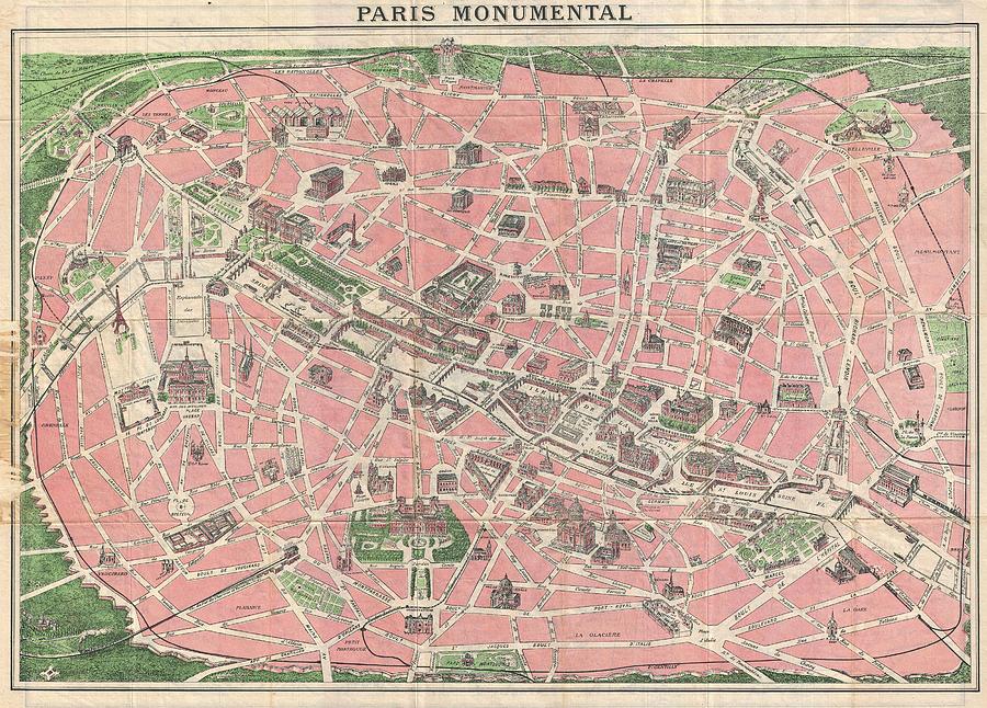 1927 Leconte and Joly Map of Paris France w Monuments  Photograph by Paul Fearn