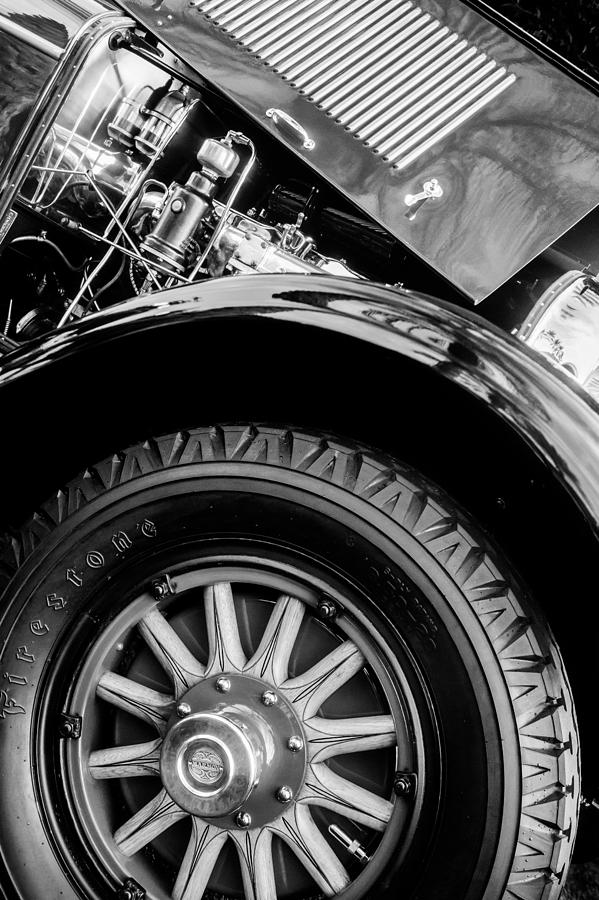 1927 Marmon E75 Speedster Wheel - Engine -0324bw Photograph by Jill Reger