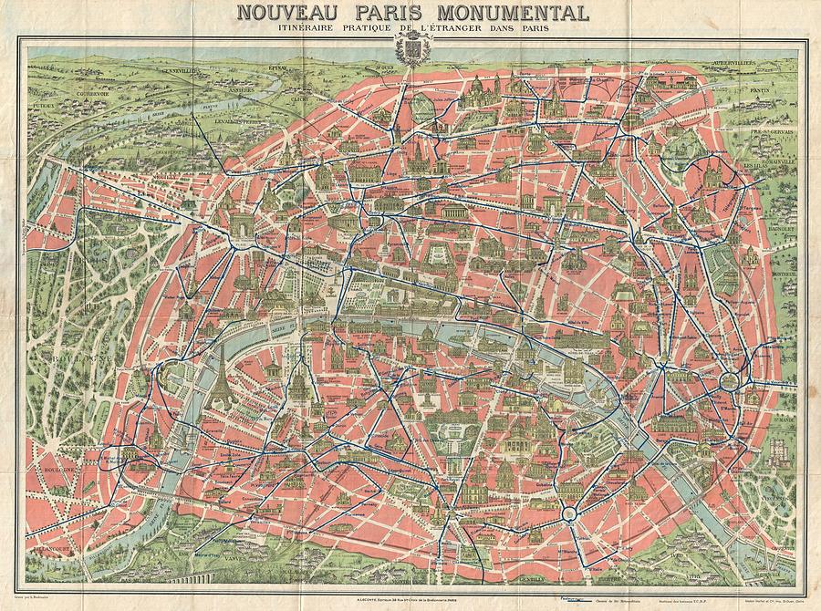 1928 A Leconte Map of Paris France wMonuments  Photograph by Paul Fearn