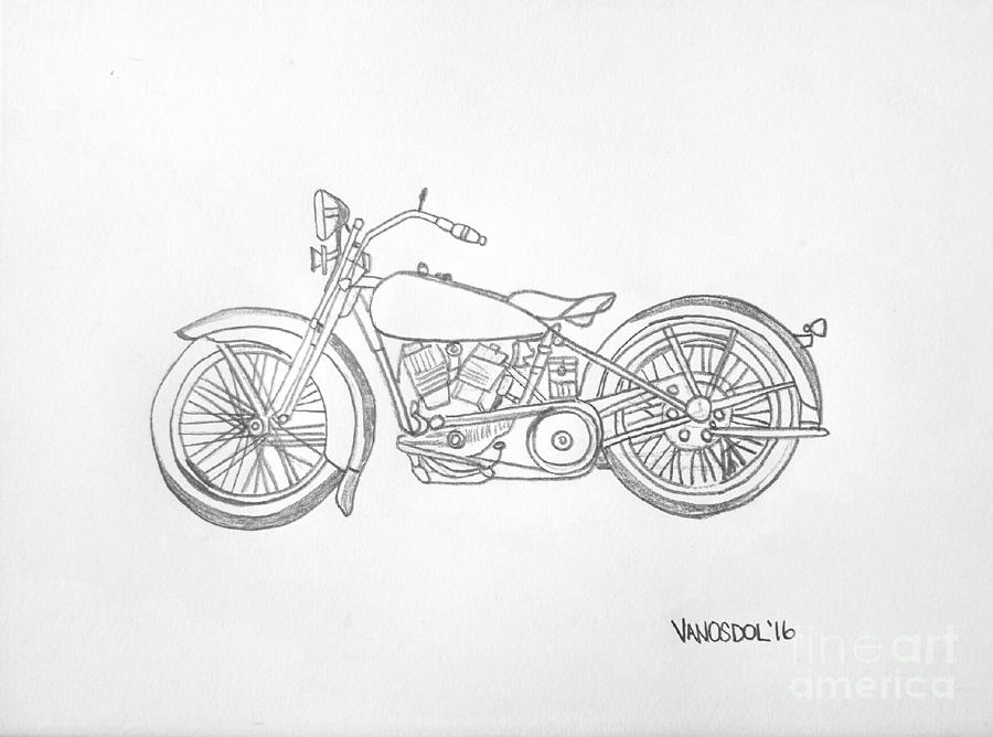 1928 Harley Davidson Motorcycle Graphite Pencil Drawing by Scott D Van