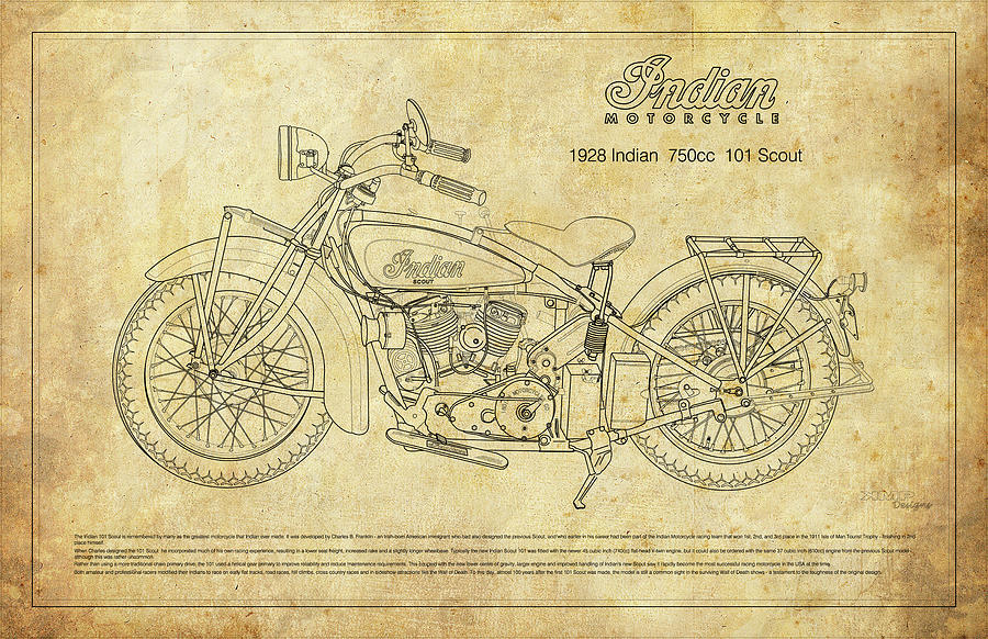 1928 Indian 101 Scout Parchment 1 Drawing By Kenneth Perez