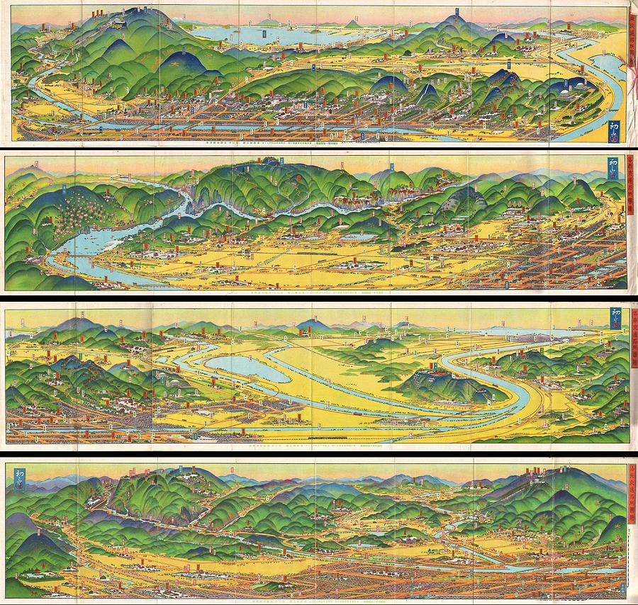 1928 Showa 3 Hiroshi Yoshida Railroad Map of Kyoto Japan 4 Maps  Photograph by Paul Fearn