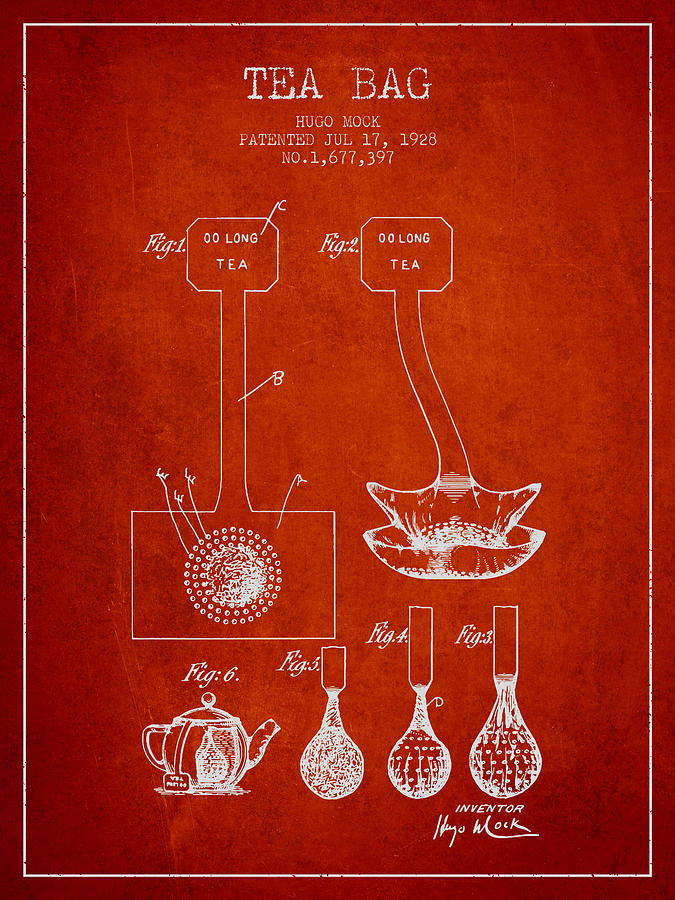 Tea Digital Art - 1928 Tea Bag patent 02 - red by Aged Pixel