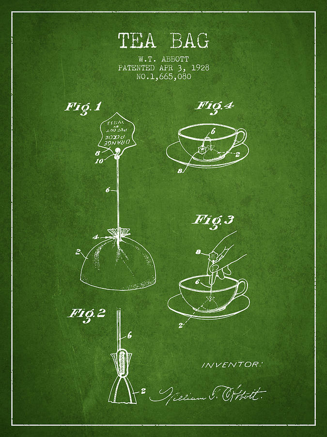 Tea Digital Art - 1928 Tea Bag patent - Green by Aged Pixel