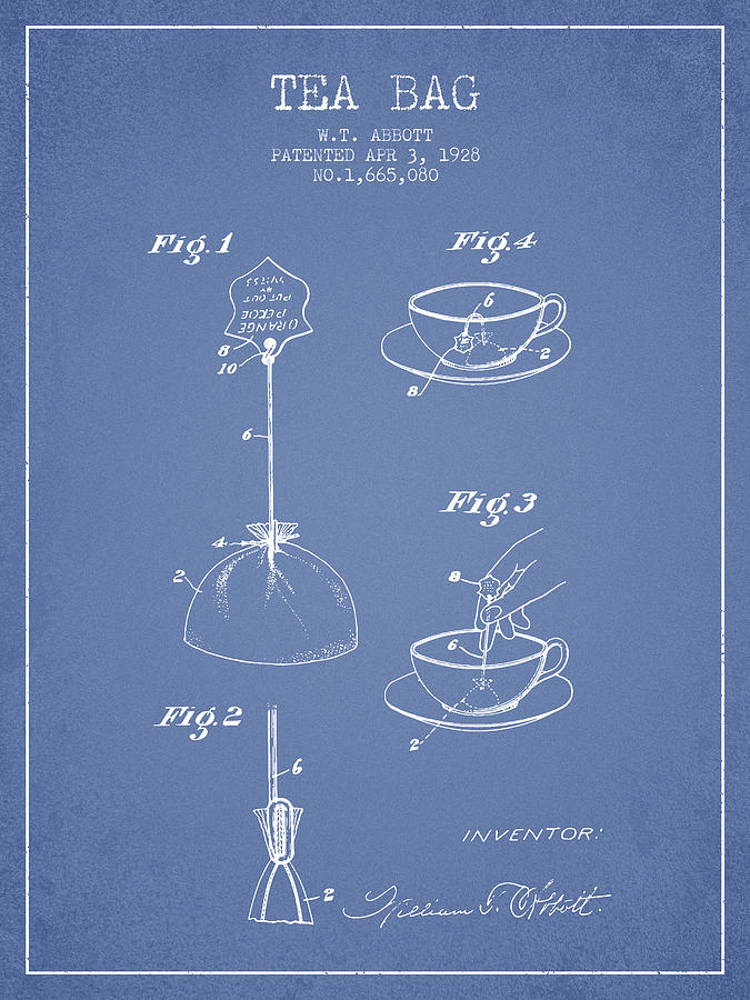 Tea Digital Art - 1928 Tea Bag patent - Light Blue by Aged Pixel