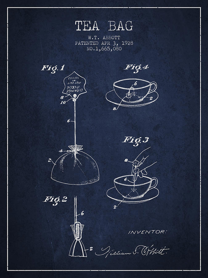 Tea Digital Art - 1928 Tea Bag patent - Navy Blue by Aged Pixel