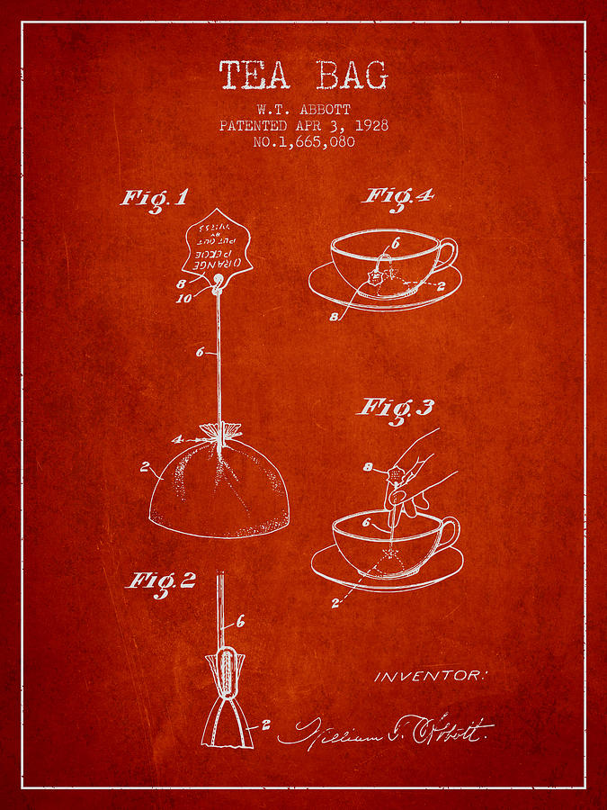 Tea Digital Art - 1928 Tea Bag patent - red by Aged Pixel