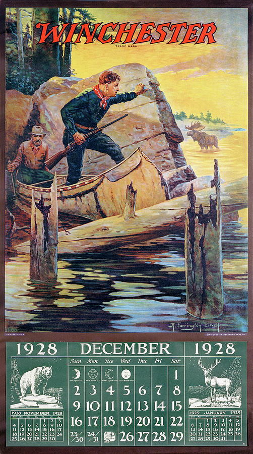1928 Winchester Repeating Arms And Ammunition Calendar Painting by R Farrington Elwell