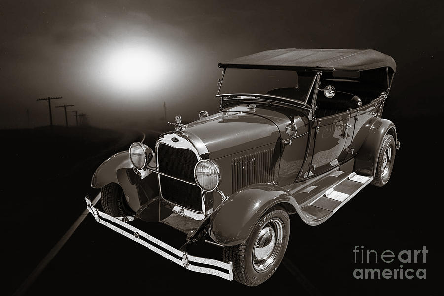 1929 Ford Phaeton Classic Antique Car With Train in Sepia  3502. Photograph by M K Miller