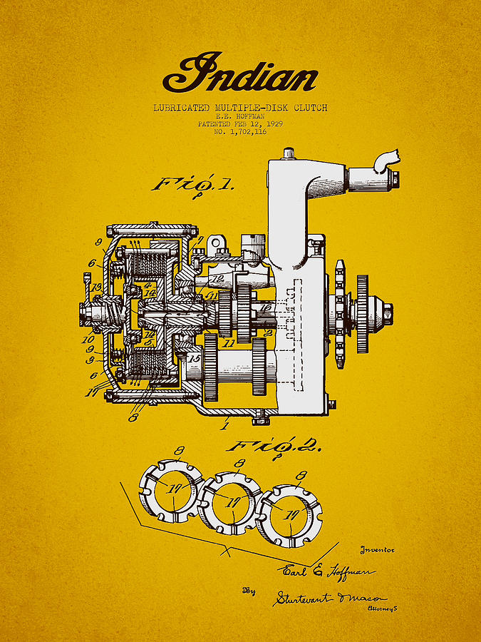 1929 Indian Motorcycle Patent - Yellow Brown Digital Art