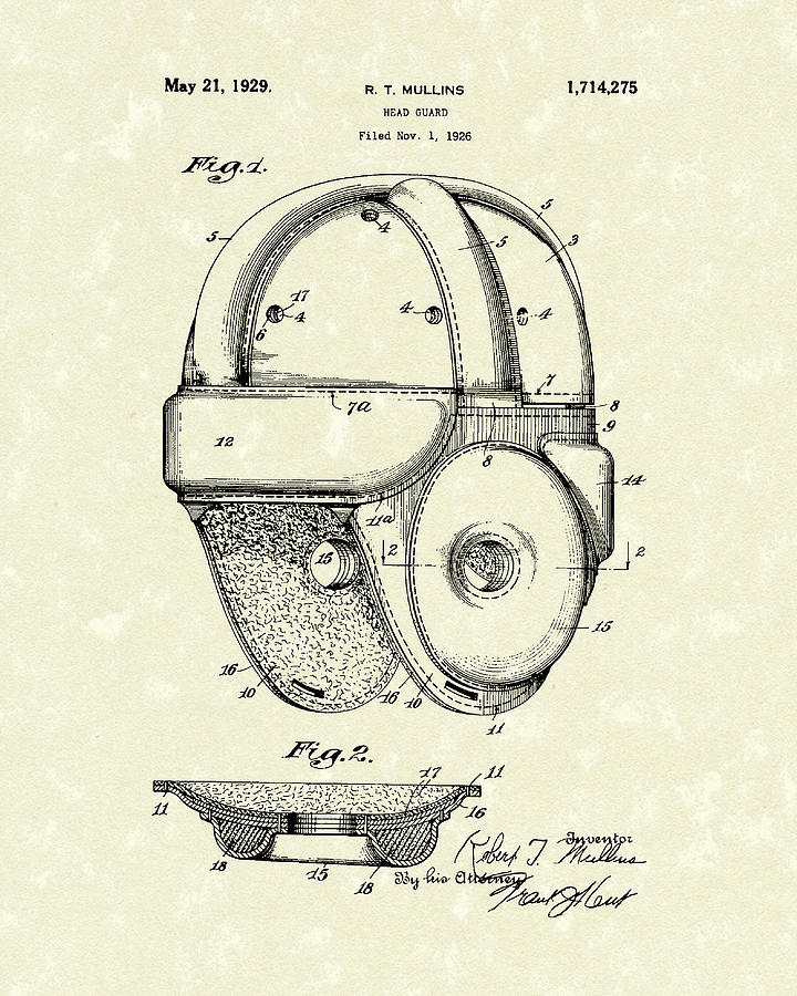 Hedendaags 1929 Patent Art Vintage Helmet Drawing by Prior Art Design GS-14