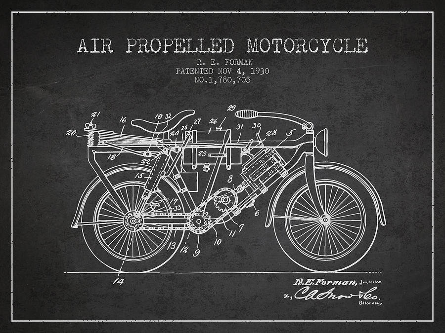 Vintage Digital Art - 1930 Air Propelled Motorcycle Patent - Charcoal by Aged Pixel