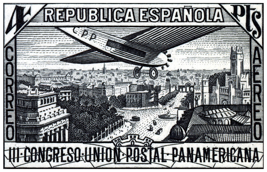 Vintage Painting - 1931 Airplane over Calle de Alcala, Spain by Historic Image