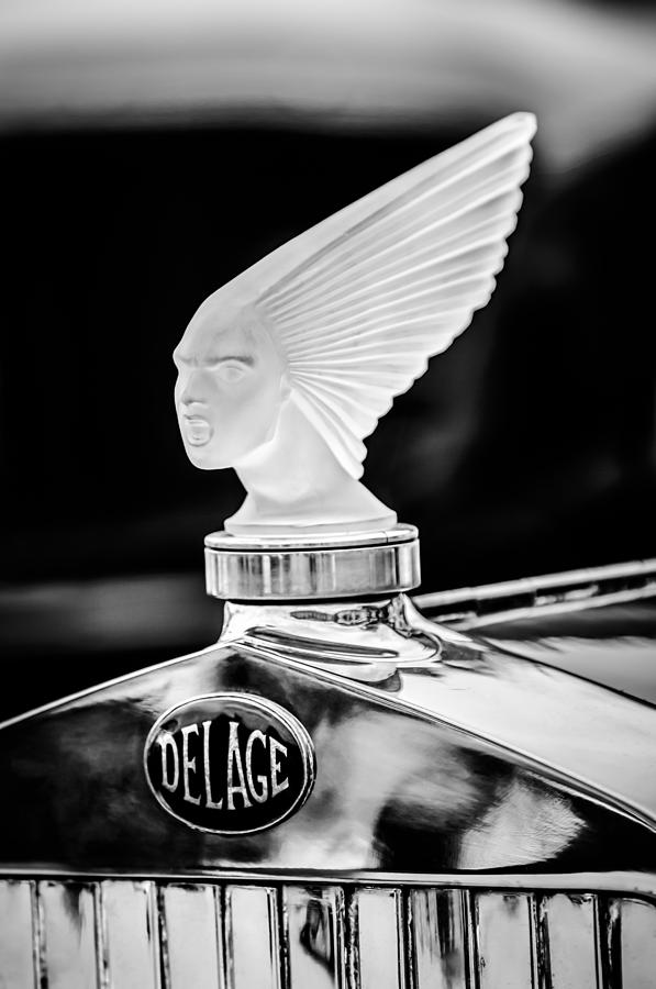 Black And White Photograph - 1931 Delage D8 Sports Tourer Lalique Hood Ornament -1433bw by Jill Reger