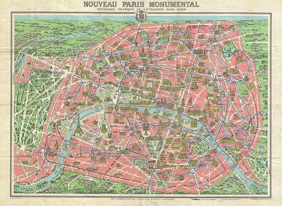 1931 Leconte Map of Paris wMonuments and Map of the Exposition Coloniale  Photograph by Paul Fearn