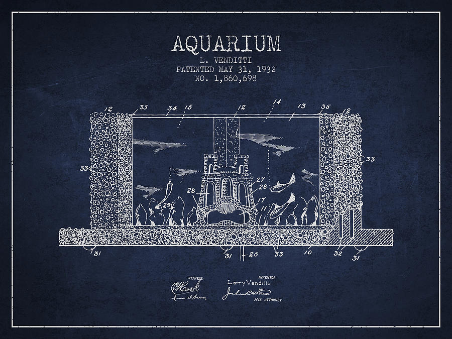 Fish Digital Art - 1932 Aquarium Patent - Navy Blue by Aged Pixel